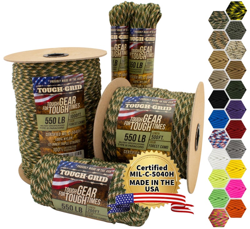 TOUGH-GRID Premium 550lb Paracord Rope - Made in USA - 100% Nylon Type III Mil-Spec - UV & Abrasion Resistant - Heavy Duty Strands - Outdoor Survival Rope - Used by US Military - 100ft - Forest Camo - Image 1