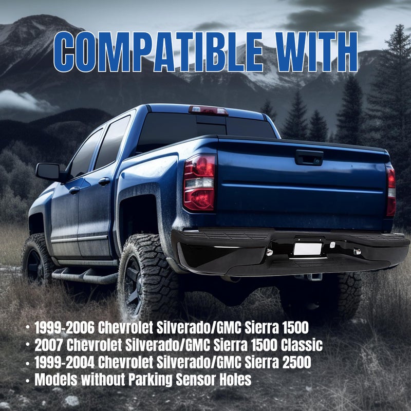 Generic KUAFU Rear Step Bumper Compatible With 1999-2007 Chevy Chevrolet Silverado GMC Sierra 1500 2500 Classic Replacement for GM1103122 12496085 GM1103124 with License Plate Lights Black Steel  - Image 2