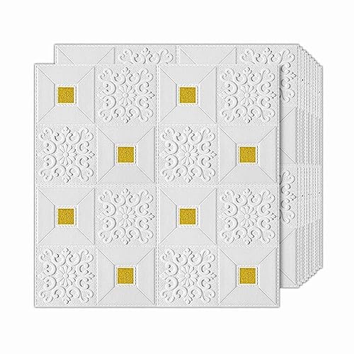Revwd Self-Adhesive Waterproof PE Foam 3D Wall Panels Wallpaper Sticker for Bathroom, Living Room, and Home Decoration (70 x 70cm, Appx. 5.8Sq Feet) (20, White Golden) - Image 1
