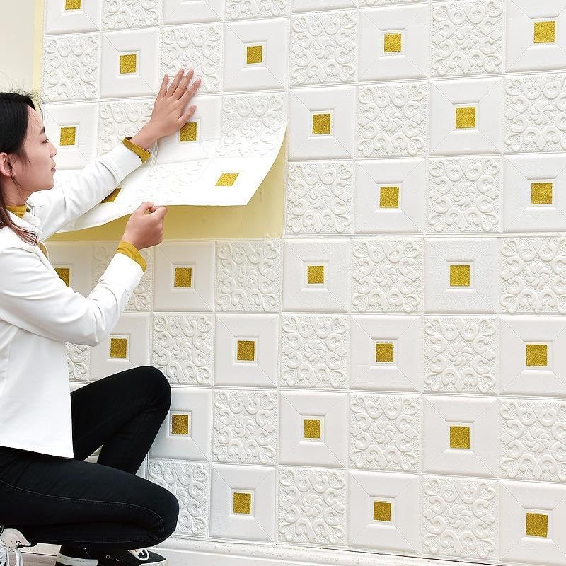 Revwd Self-Adhesive Waterproof PE Foam 3D Wall Panels Wallpaper Sticker for Bathroom, Living Room, and Home Decoration (70 x 70cm, Appx. 5.8Sq Feet) (20, White Golden) - Image 3