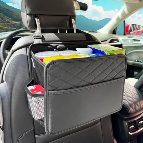 Witaxima Upgraded Extra Large Car Seat Organizer Backseat with 3 Storage Pockets Multipurpose Car Organizer Hanging Car Trash Bag Can Premium PU Leather Garbage Can 3 Gallon Large Capacity Black - Image 1