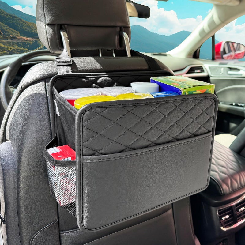 Witaxima Upgraded Extra Large Car Seat Organizer Backseat with 3 Storage Pockets Multipurpose Car Organizer Hanging Car Trash Bag Can Premium PU Leather Garbage Can 3 Gallon Large Capacity Black - Image 2
