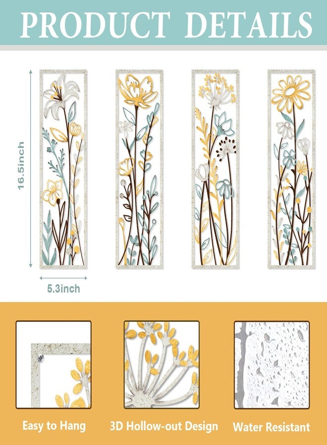 Pigort 4 Pieces Metal Floral Wall Arts - Farmhouse Flower Wall Art Natural Themed Wall Decors for Home Living Room Bedroom Dining Room Office 5.3x16.5 Inch - Image 2