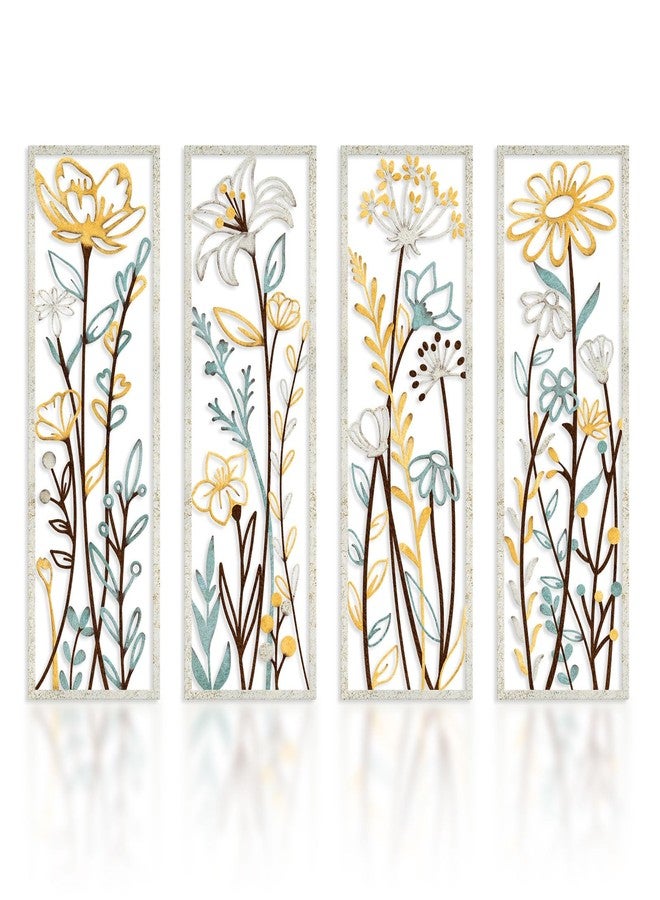 Pigort 4 Pieces Metal Floral Wall Arts - Farmhouse Flower Wall Art Natural Themed Wall Decors for Home Living Room Bedroom Dining Room Office 5.3x16.5 Inch - Image 1