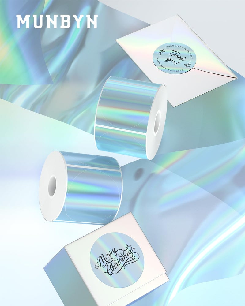 MUNBYN 2" Circle Holographic Thermal Label Stickers Blue, Round Printable Rainbow Glitter Thermal Printer Sticker Labels for Gift Wrapping, Self-Adhesive Name Price Tag DIY Custom Logo Design - Image 2