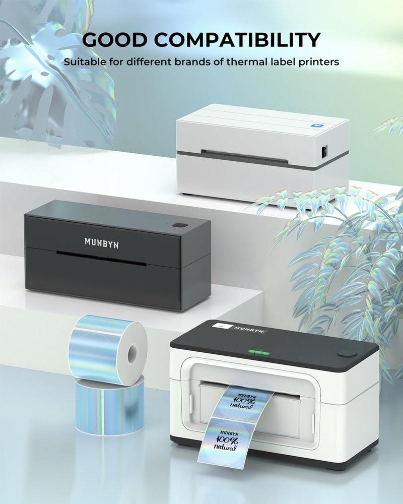 MUNBYN 2" Circle Holographic Thermal Label Stickers Blue, Round Printable Rainbow Glitter Thermal Printer Sticker Labels for Gift Wrapping, Self-Adhesive Name Price Tag DIY Custom Logo Design - Image 4