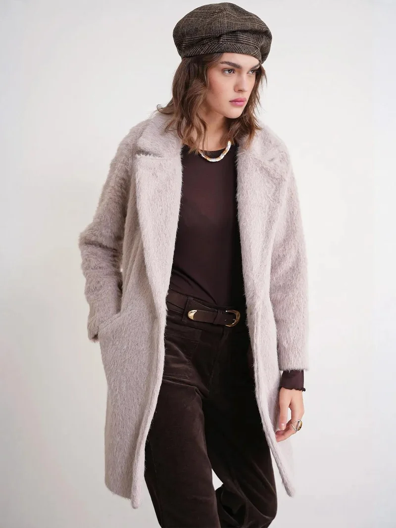 Mixray Beige Natural Mixray Textured Long Coat with Jacket Collar for Women | Best Price UAE