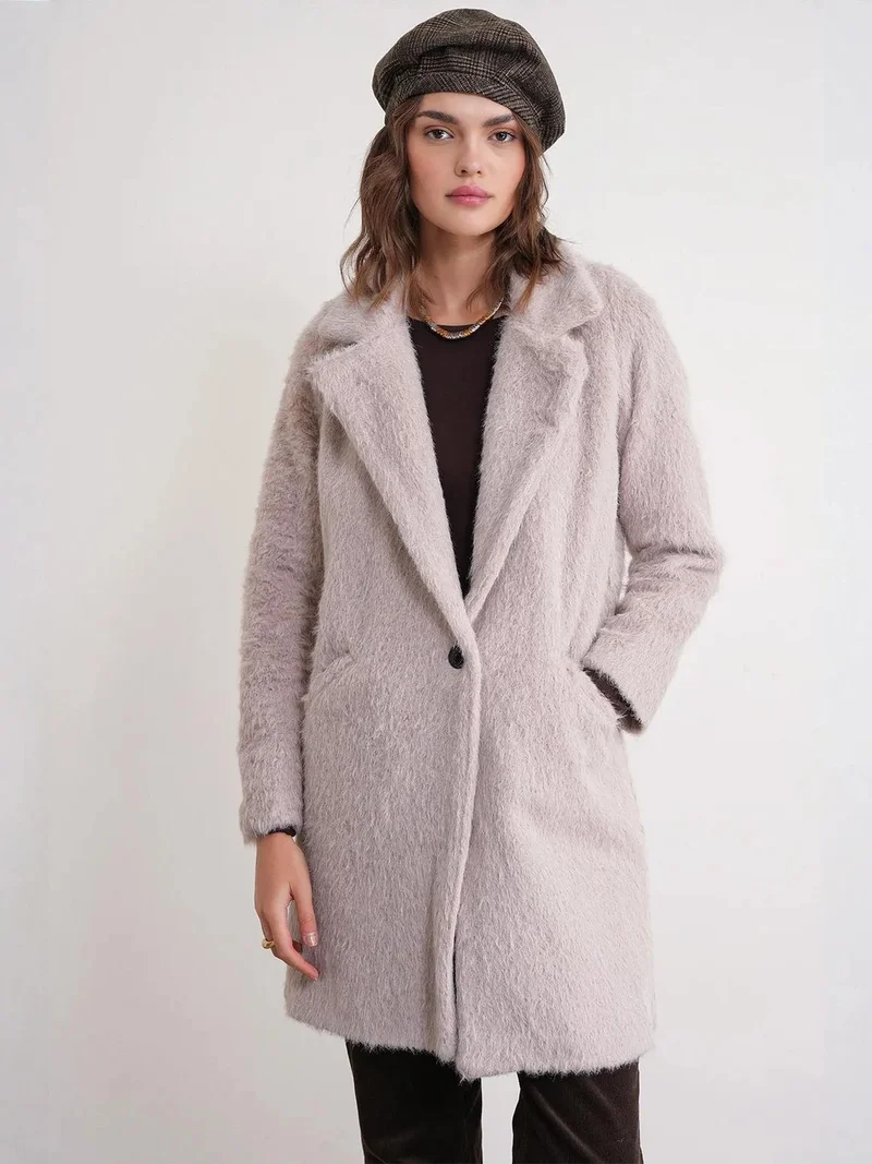 Mixray Beige Natural Mixray Textured Long Coat with Jacket Collar for Women | Best Price UAE