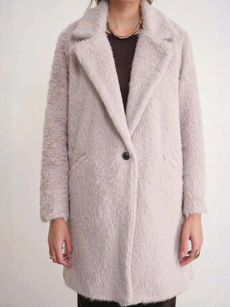 Mixray Beige Natural Mixray Textured Long Coat with Jacket Collar for Women | Best Price UAE