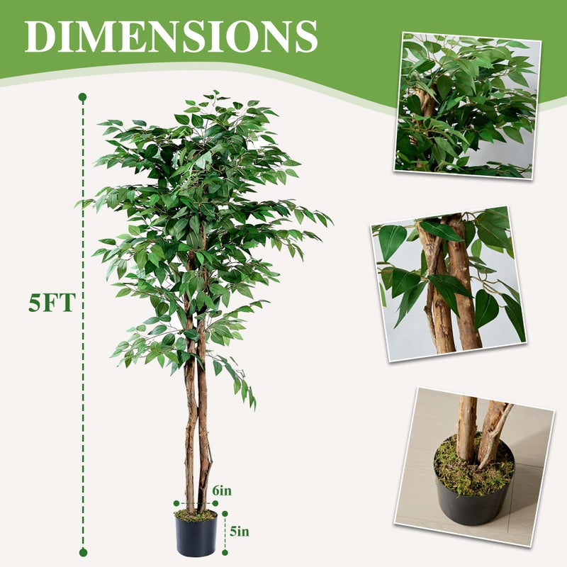 VECELO Artificial Ficus Tree with Sturdy Nursery Pot, 5FT Faux Silk Plant for Indoor Outdoor Home Garden Decor, 1 Pack - Image 5