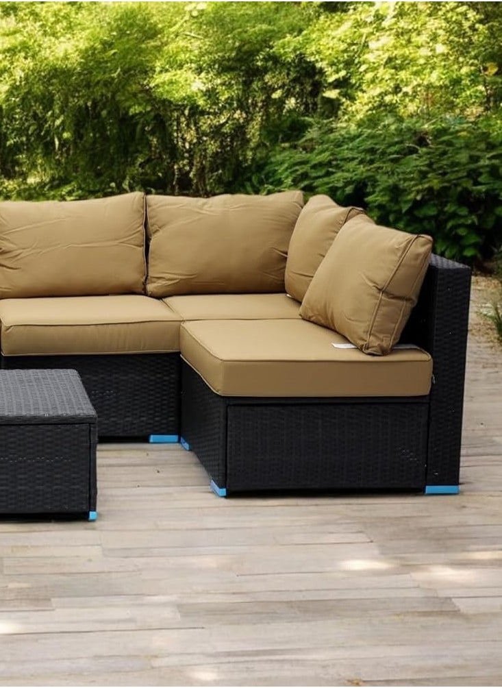 KARNAK 7-Piece Garden Lounge Set with Cushions, Outdoor Furniture Patio Sofa, Balcony Set with Coffee Table & Yard Lounge Bench, Poly Rattan in Black & Golden Cushions  - Image 5