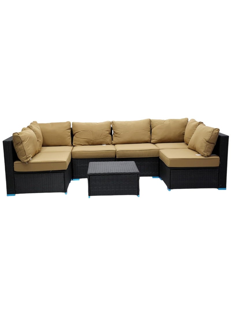 KARNAK 7-Piece Garden Lounge Set with Cushions, Outdoor Furniture Patio Sofa, Balcony Set with Coffee Table & Yard Lounge Bench, Poly Rattan in Black & Golden Cushions  - Image 2
