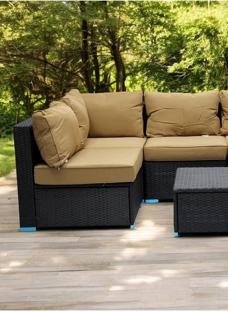 KARNAK 7-Piece Garden Lounge Set with Cushions, Outdoor Furniture Patio Sofa, Balcony Set with Coffee Table & Yard Lounge Bench, Poly Rattan in Black & Golden Cushions  - Image 4