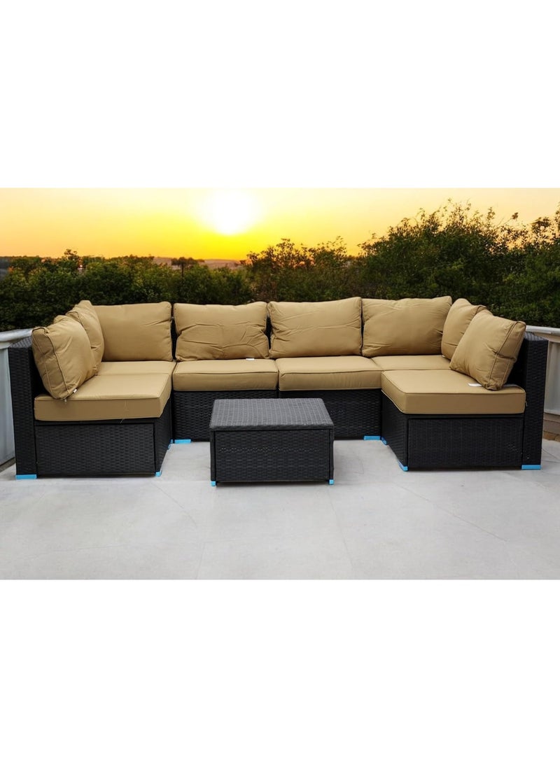 KARNAK 7-Piece Garden Lounge Set with Cushions, Outdoor Furniture Patio Sofa, Balcony Set with Coffee Table & Yard Lounge Bench, Poly Rattan in Black & Golden Cushions  - Image 3