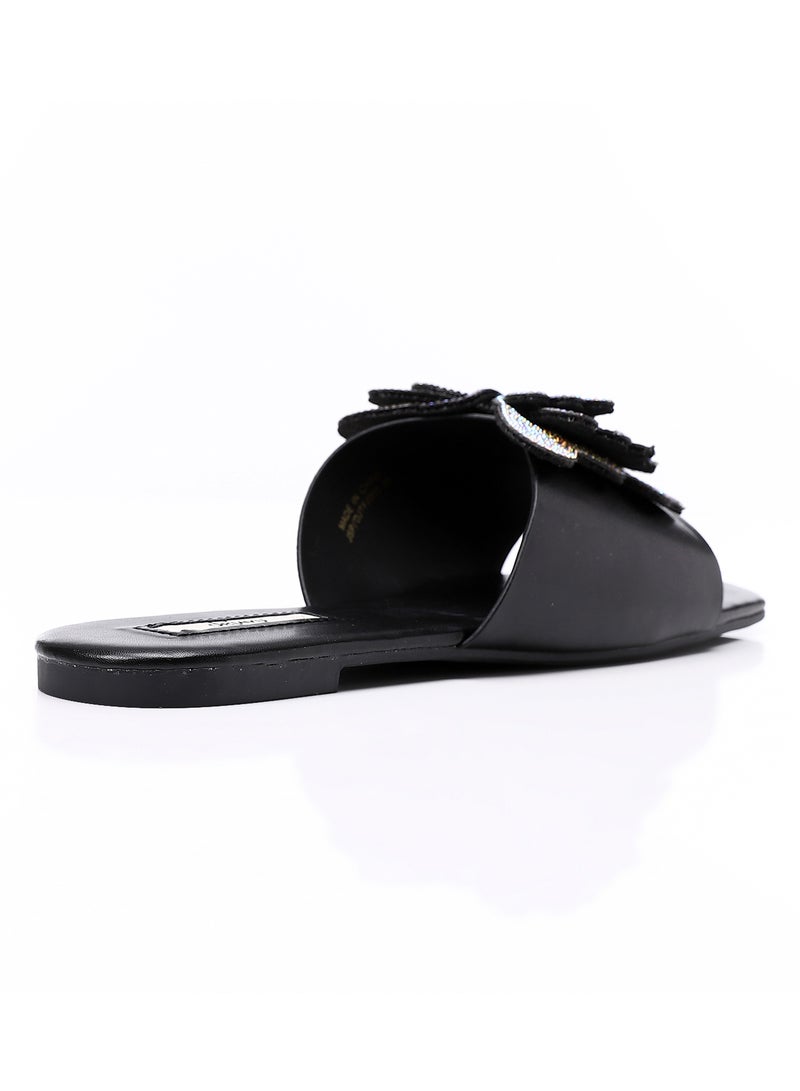 DejaVu Statement Strassed Butterfly Slip On Black Leather Slipper  - Image 3