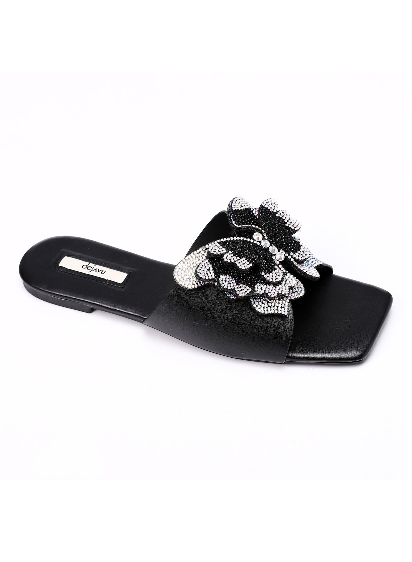Statement Strassed Butterfly Slip On Black Leather Slipper
