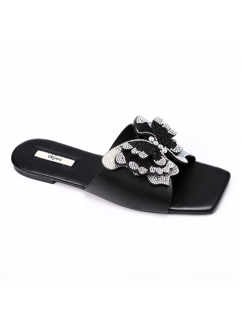 DejaVu Statement Strassed Butterfly Slip On Black Leather Slipper  - Image 1