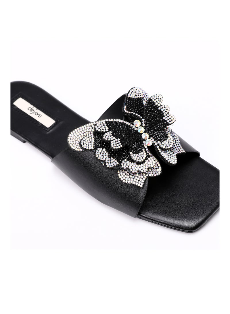 DejaVu Statement Strassed Butterfly Slip On Black Leather Slipper  - Image 5