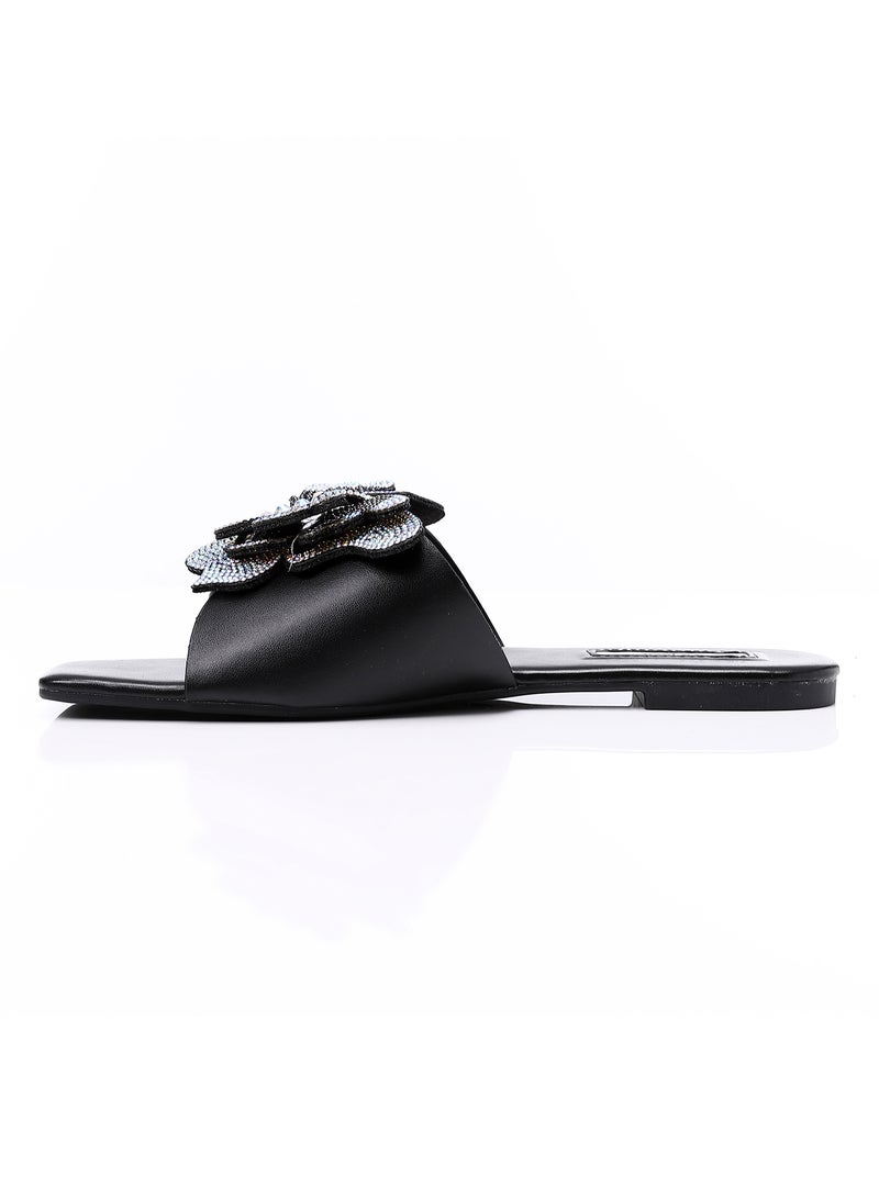 DejaVu Statement Strassed Butterfly Slip On Black Leather Slipper  - Image 4