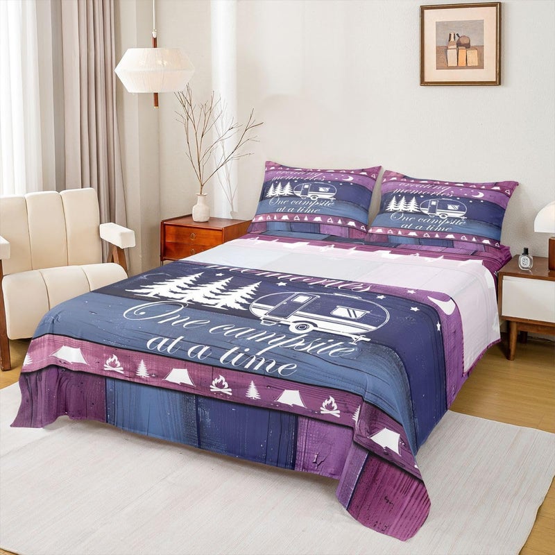 Erosebridal Camping Sheet Set Camper Full Size Bed Sheets for Little Boys | Rustic Masculine Cottage Wooden Plank Camp Bedding Set,Happy Glamping Trailer Camper Decor Purple - Image 1