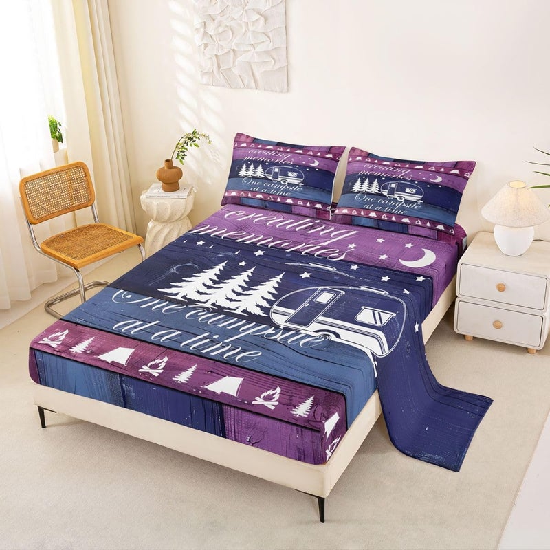Erosebridal Camping Sheet Set Camper Full Size Bed Sheets for Little Boys | Rustic Masculine Cottage Wooden Plank Camp Bedding Set,Happy Glamping Trailer Camper Decor Purple - Image 2