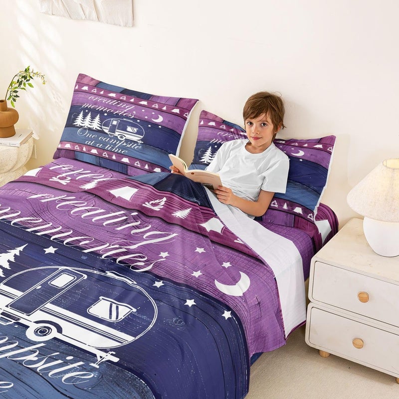 Erosebridal Camping Sheet Set Camper Full Size Bed Sheets for Little Boys | Rustic Masculine Cottage Wooden Plank Camp Bedding Set,Happy Glamping Trailer Camper Decor Purple - Image 4