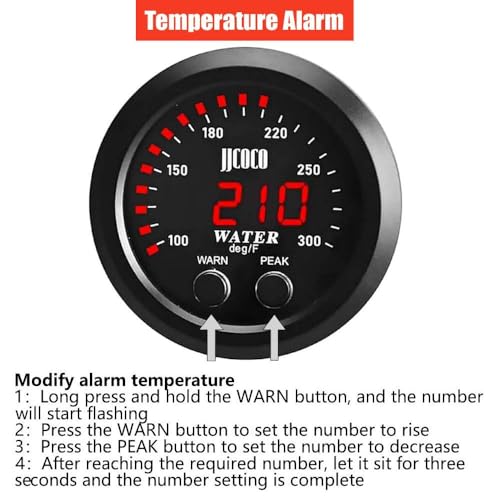 ZHSYMX Universal 52mm Water Temperature Gauge 0-300F(-17~187C) Electronic Red Digital LED DC12V/24V for Car Automotive with Alarm and Joint Pipe Radiator Sensor Adaptor Blue 26MM - Image 5
