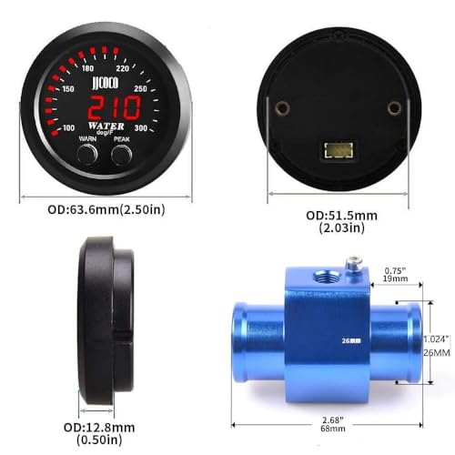 ZHSYMX Universal 52mm Water Temperature Gauge 0-300F(-17~187C) Electronic Red Digital LED DC12V/24V for Car Automotive with Alarm and Joint Pipe Radiator Sensor Adaptor Blue 26MM - Image 3