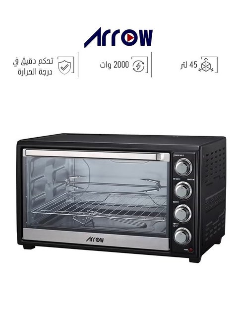 45L Electric Oven - 2000W - Rotisserie and BBQ Function - Power indicator light - 60-minute timer with automatic shut-off bell - Temperature control up to 250°C - 4 pcs Stainless steel heating elements - Heat-resistant glass window - 2 years warranty - RO-45EOB