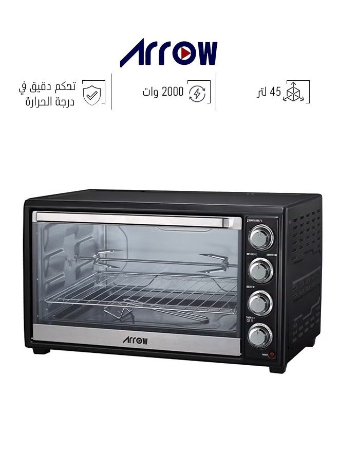 45L Electric Oven - 2000W - Rotisserie and BBQ Function - Power indicator light - 60-minute timer with automatic shut-off bell - Temperature control up to 250°C - 4 pcs Stainless steel heating elements - Heat-resistant glass window - 2 years warranty - RO-45EOB
