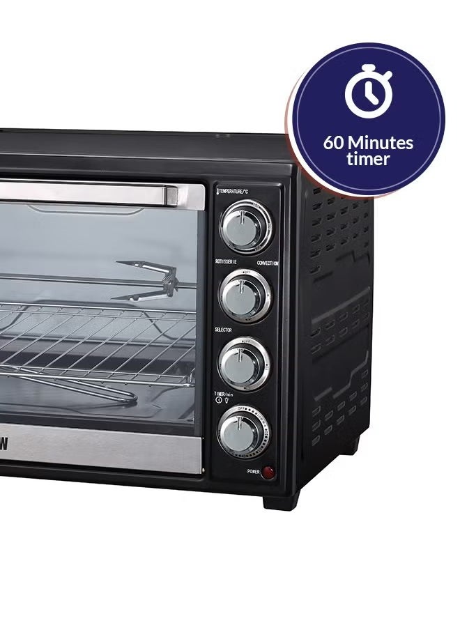 45L Electric Oven - 2000W - Rotisserie and BBQ Function - Power indicator light - 60-minute timer with automatic shut-off bell - Temperature control up to 250°C - 4 pcs Stainless steel heating elements - Heat-resistant glass window - 2 years warranty - RO-45EOB