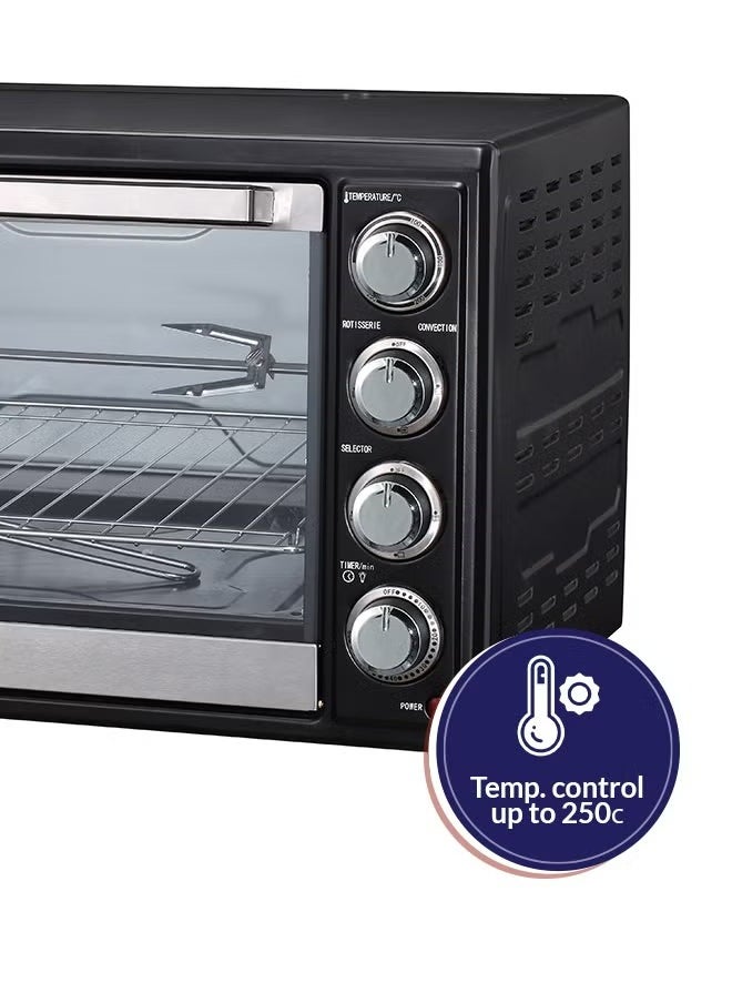 45L Electric Oven - 2000W - Rotisserie and BBQ Function - Power indicator light - 60-minute timer with automatic shut-off bell - Temperature control up to 250°C - 4 pcs Stainless steel heating elements - Heat-resistant glass window - 2 years warranty - RO-45EOB