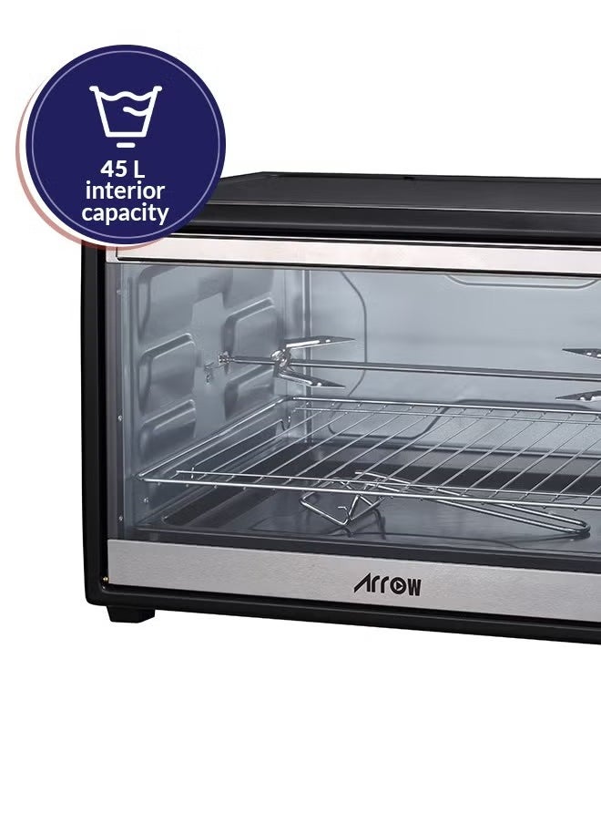 45L Electric Oven - 2000W - Rotisserie and BBQ Function - Power indicator light - 60-minute timer with automatic shut-off bell - Temperature control up to 250°C - 4 pcs Stainless steel heating elements - Heat-resistant glass window - 2 years warranty - RO-45EOB