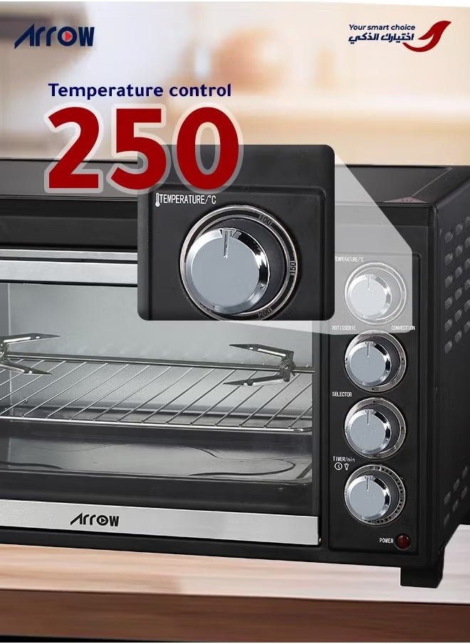 45L Electric Oven - 2000W - Rotisserie and BBQ Function - Power indicator light - 60-minute timer with automatic shut-off bell - Temperature control up to 250°C - 4 pcs Stainless steel heating elements - Heat-resistant glass window - 2 years warranty - RO-45EOB