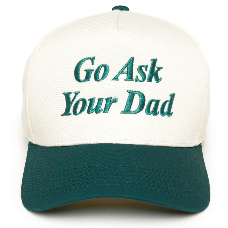 Funky Junque Canvas Trucker Hat Adjustable Snapback Cap Husbands Tab Hat - Go Ask Your Dad - Beige/Green - Image 1
