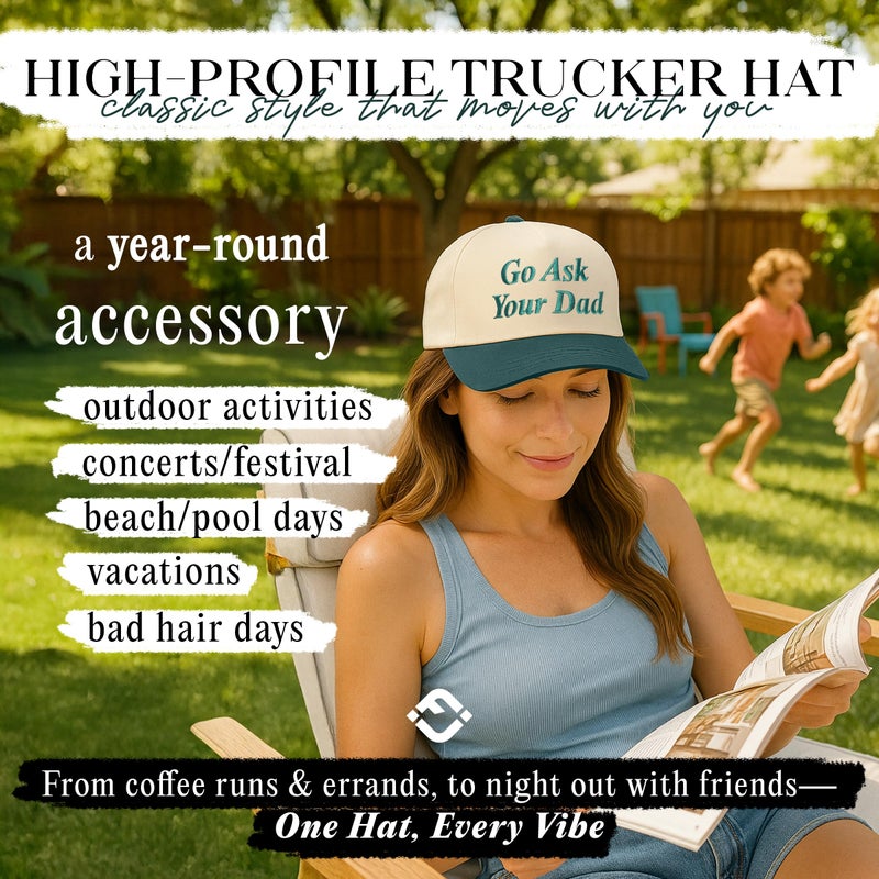 Funky Junque Canvas Trucker Hat Adjustable Snapback Cap Husbands Tab Hat - Go Ask Your Dad - Beige/Green - Image 4