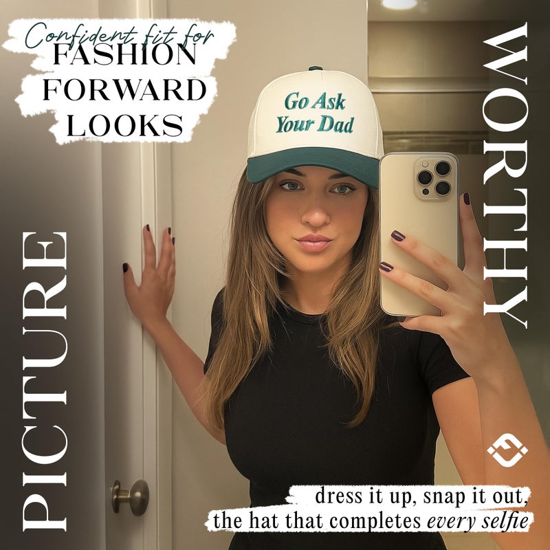 Funky Junque Canvas Trucker Hat Adjustable Snapback Cap Husbands Tab Hat - Go Ask Your Dad - Beige/Green - Image 2