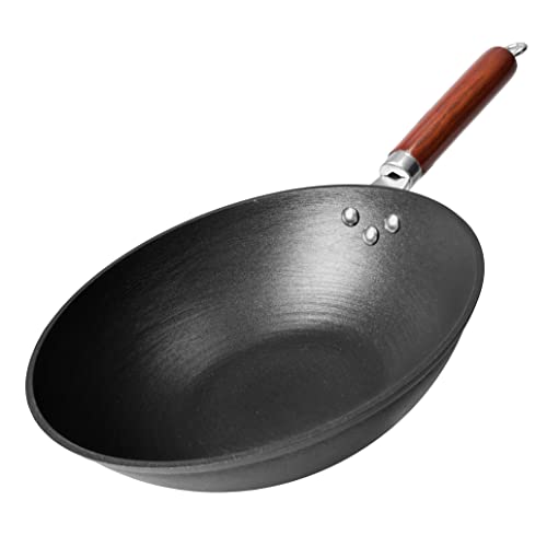 21st & Main 21st  Main Wok Stir Fry Pan Wooden Handle 11 Inch Lightweight Cast Iron chefs pan preseasoned nonstick for Chinese Japanese and other cooking