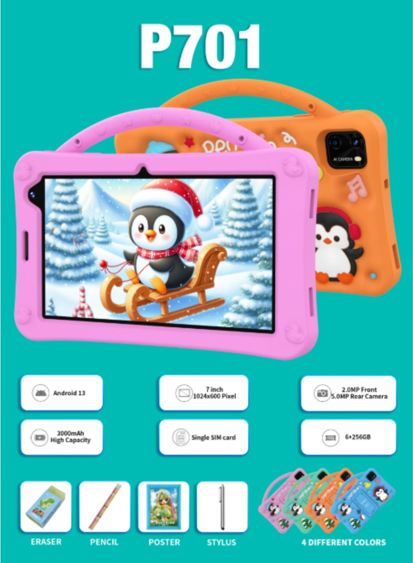 Telzeal P701 7" Android Tablet – 1024×600 Display, 6GB RAM, 256GB ROM, 3000mAh Battery, Single SIM, Includes Free Gifts, High-Performance, Portable- Orange