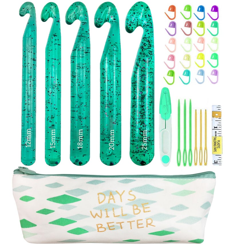 Weabetfu 5 Large Crochet Hook,25mm 20mm 18mm 15mm 12mm Size Crochet Hooks, Large Crochet Hook for Chunky Yarn,24PCS Big Crochet Hooks,10mm-25mm Crochet Needles with Case (Green) - Image 1