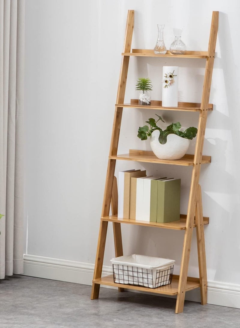 Generic 5 Tier Bookshelf, Home Office Bookcase Shelf Storage OrganizerLeaning Ladder Bookshelf Bamboo Storage Display Shelves Organizer Shelves for Plant Flower Free Standing  - Image 1