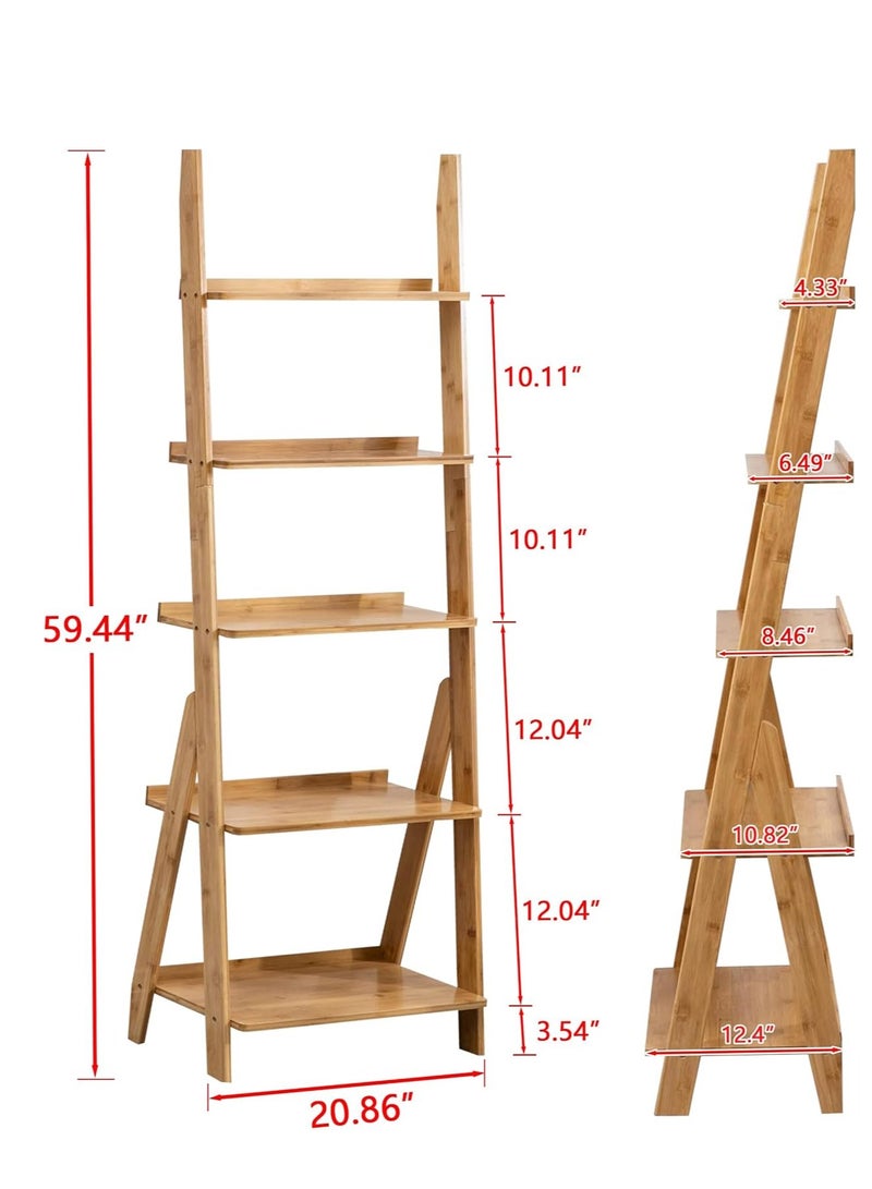 Generic 5 Tier Bookshelf, Home Office Bookcase Shelf Storage OrganizerLeaning Ladder Bookshelf Bamboo Storage Display Shelves Organizer Shelves for Plant Flower Free Standing  - Image 2