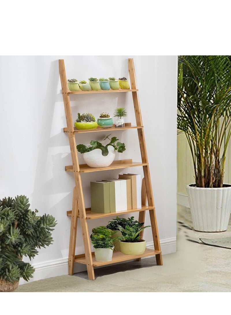 Generic 5 Tier Bookshelf, Home Office Bookcase Shelf Storage OrganizerLeaning Ladder Bookshelf Bamboo Storage Display Shelves Organizer Shelves for Plant Flower Free Standing  - Image 4