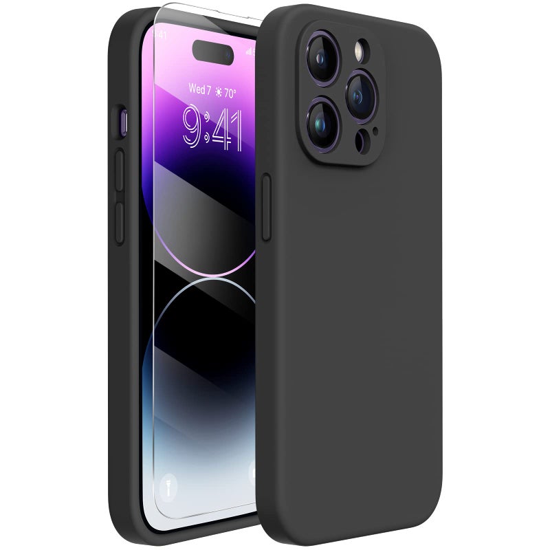 Miracase Designed for iPhone 14 Pro Case with Screen Protector, [Upgraded Camera Protection], Shockproof Liquid Silicone Rubber Phone Case Cover for 14 Pro 6.1 inch, Black - Image 1