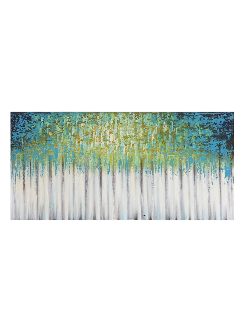 كانجرو لوحة قماشية أصلية مرسومة باليد، تتميز بفن تجريدي يصور خطوطًا رأسية رفيعة تشبه الأشجار أو أعمدة خفيفة باللونين الأبيض والرمادي، تتوجها طبقة غنية وسميكة من الألوان الزرقاء، الفيروزية، والخضراء الممزوجة بالذهبي، مما يخلق تأثيرًا بصريًا لغابة أو انعكاسات طبيعية نابضة بالحياة. - Image 1