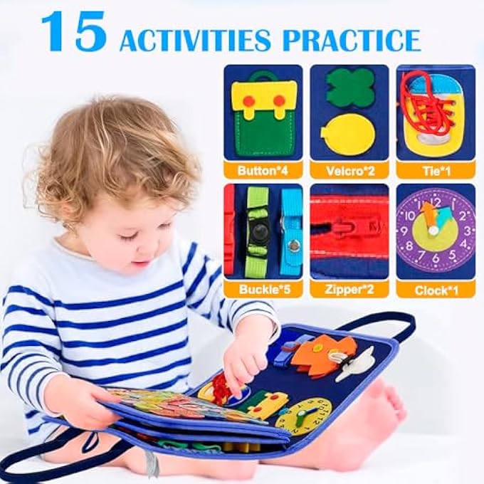 BUSY BOARD MONTESSORI TOYS EDUCATIONAL SENSORY TOYS FOR TODDLER SENSORY TOYS 15 ACTIVITIES AND 6 THEMES FOR BOYS WITH A STORAGE BAG (BLUE) - Image 4
