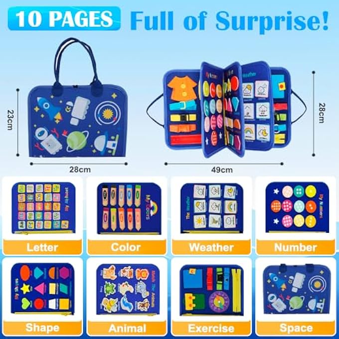 BUSY BOARD MONTESSORI TOYS EDUCATIONAL SENSORY TOYS FOR TODDLER SENSORY TOYS 15 ACTIVITIES AND 6 THEMES FOR BOYS WITH A STORAGE BAG (BLUE) - Image 3