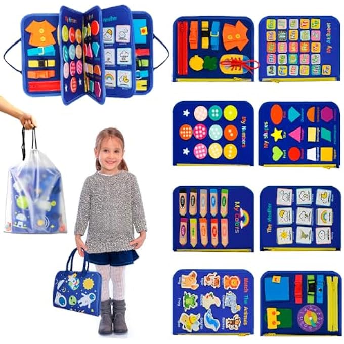 BUSY BOARD MONTESSORI TOYS EDUCATIONAL SENSORY TOYS FOR TODDLER SENSORY TOYS 15 ACTIVITIES AND 6 THEMES FOR BOYS WITH A STORAGE BAG (BLUE) - Image 2