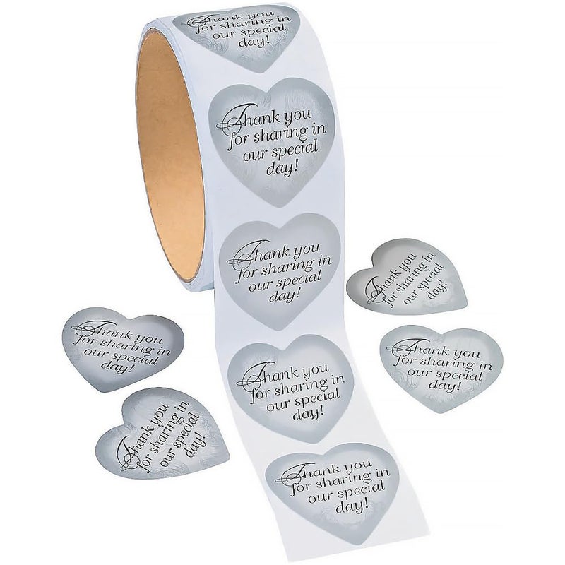 Fun Express Silver Heart Thank You for Sharing Our Special Day Wedding Stickers - 1 Roll of 100 Thank You and Favor Stickers - Image 4