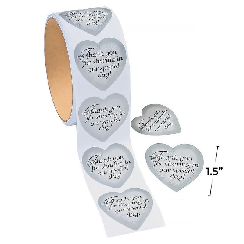 Fun Express Silver Heart Thank You for Sharing Our Special Day Wedding Stickers - 1 Roll of 100 Thank You and Favor Stickers - Image 3
